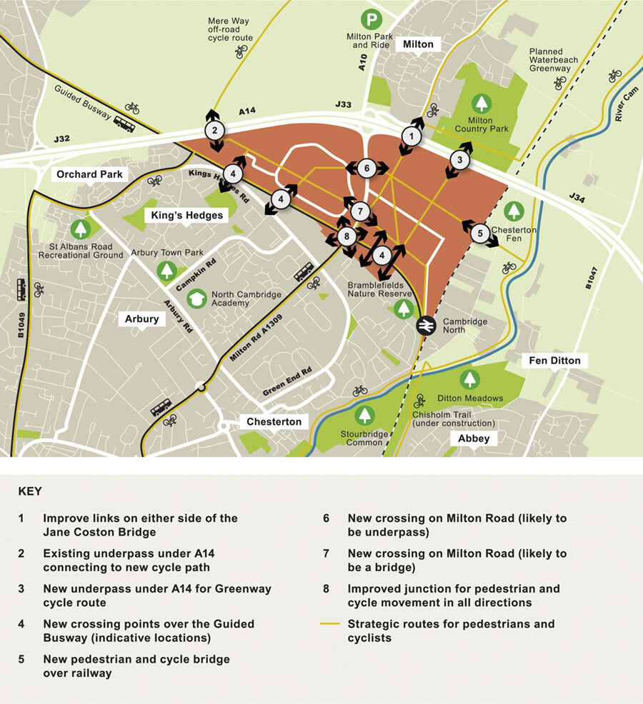 Map showing proposed new and improved connections for non-motorised users to be created by the Area Action Plan.
