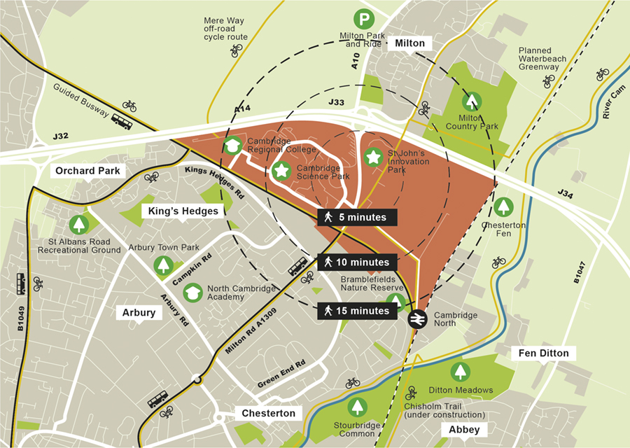Map showing public transport and strategic cycling infrastructure around the Area Action Plan site.